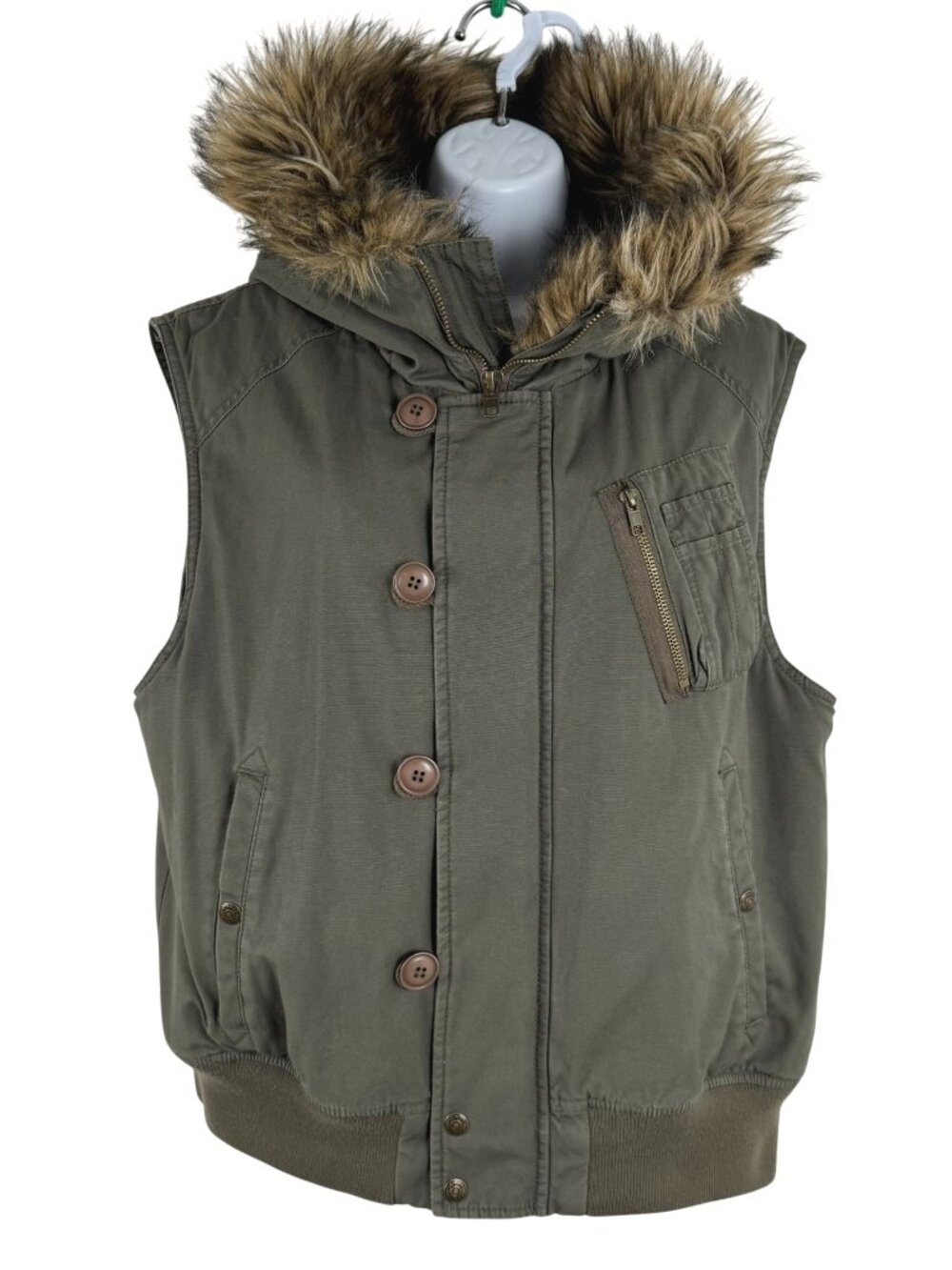 Schott Vest Jacket‎ Womens Medium Green Faux Fur Hood Sherpa Lined CJ-2373